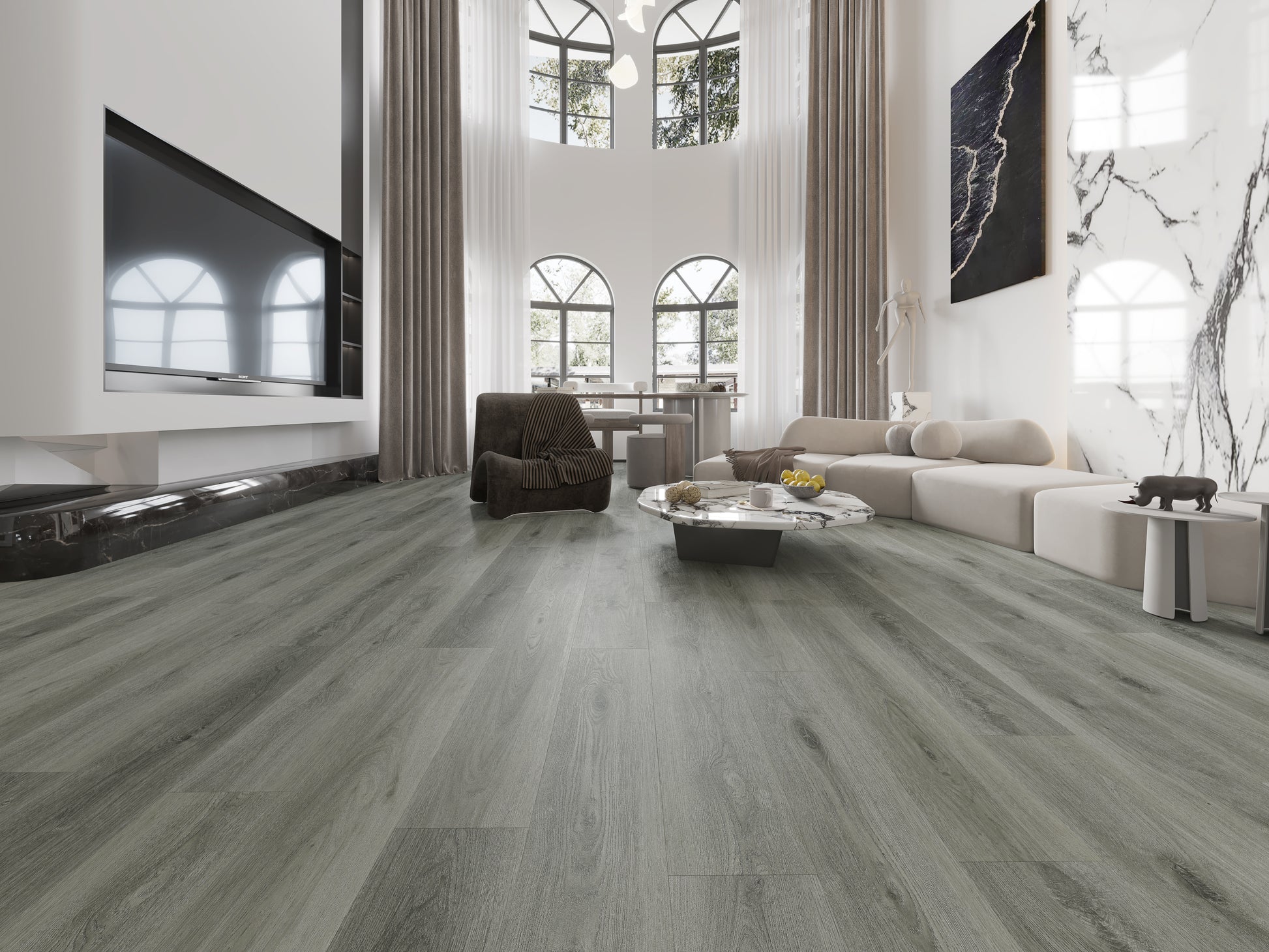 Classic gray vinyl plank flooring in Orlando by JVB Decor – waterproof and elegant design.